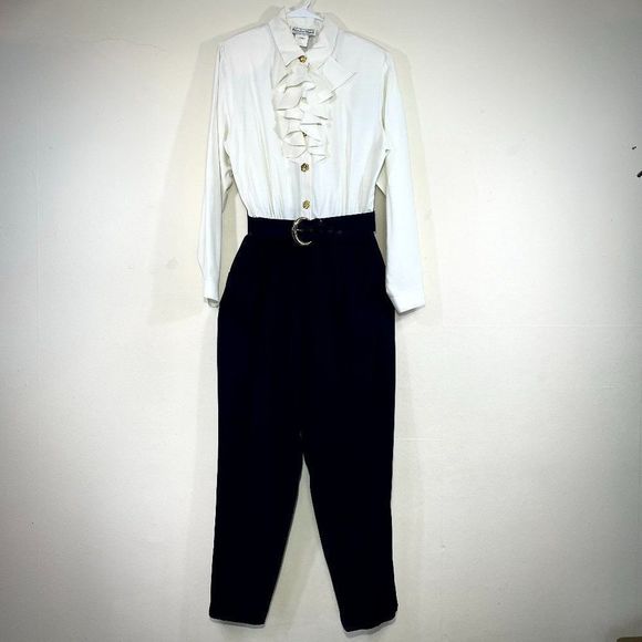 Vintage Pants - POCKETS! 80s Vintage Monica Heart Ruffle Front Jumpsuit with Wide Belt Size 12